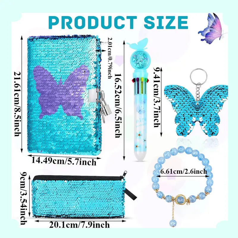 Sparkle & Flip™ Butterfly Sequin Notebook Set – 5pcs Blue Theme Diary with Lock, Pencil Case, Keychain, Beaded Bracelet & Jumbo Pen | Fidget-Friendly & Focus Boosting
