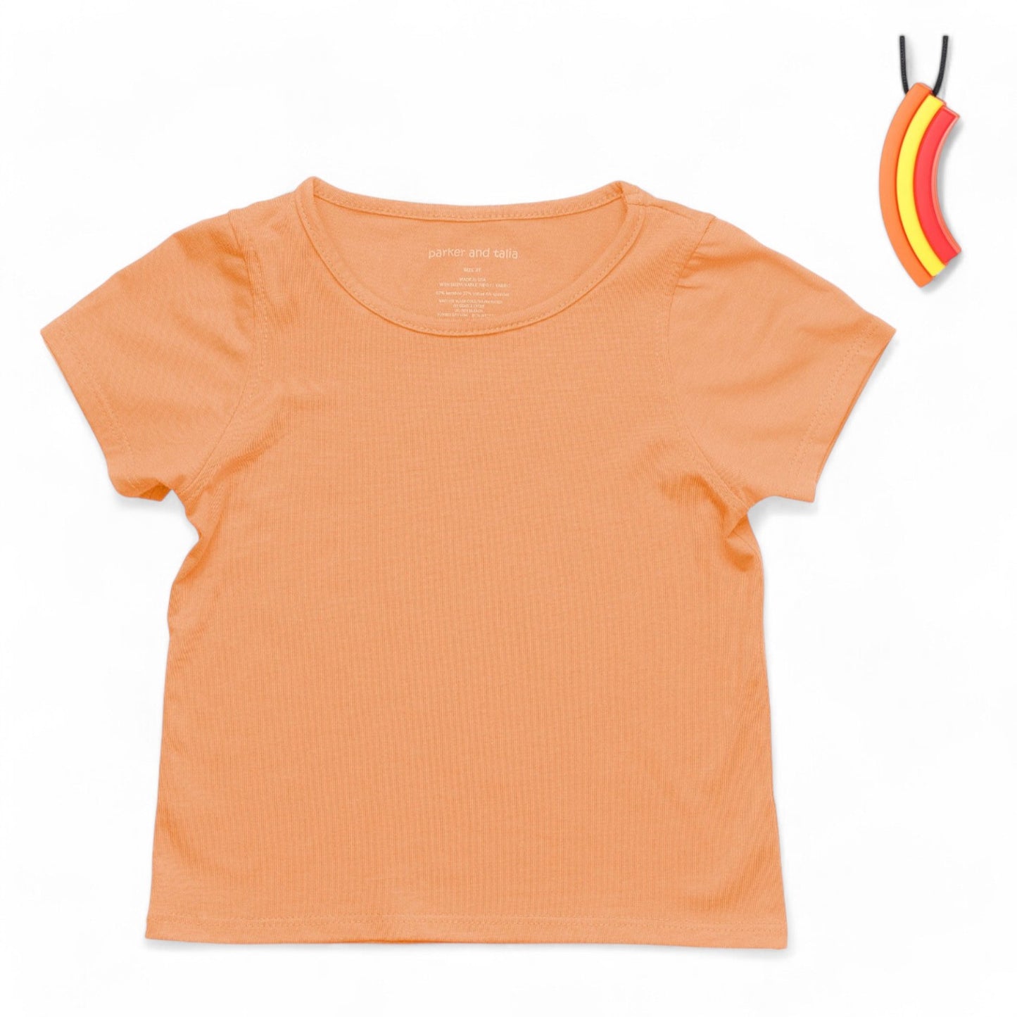 The Everday Sensory Friendly Coral Tee w Chewy Necklace- *actual chewy necklace design may vary, but color will match tee*