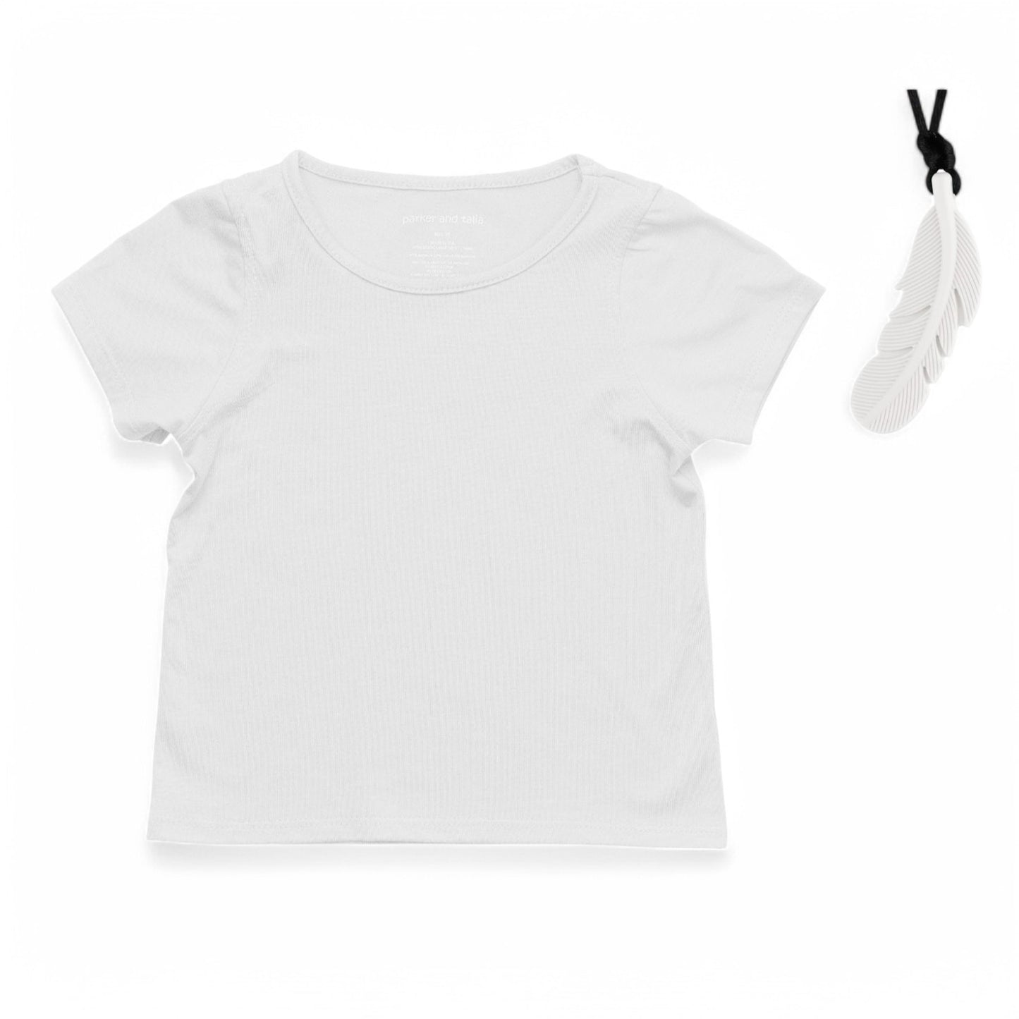 The Everday Sensory Friendly White Tee w Chewy necklace- *actual chewy necklace design may vary, but color will match tee*