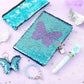 Sparkle & Flip™ Butterfly Sequin Notebook Set – 5pcs Blue Theme Diary with Lock, Pencil Case, Keychain, Beaded Bracelet & Jumbo Pen | Fidget-Friendly & Focus Boosting
