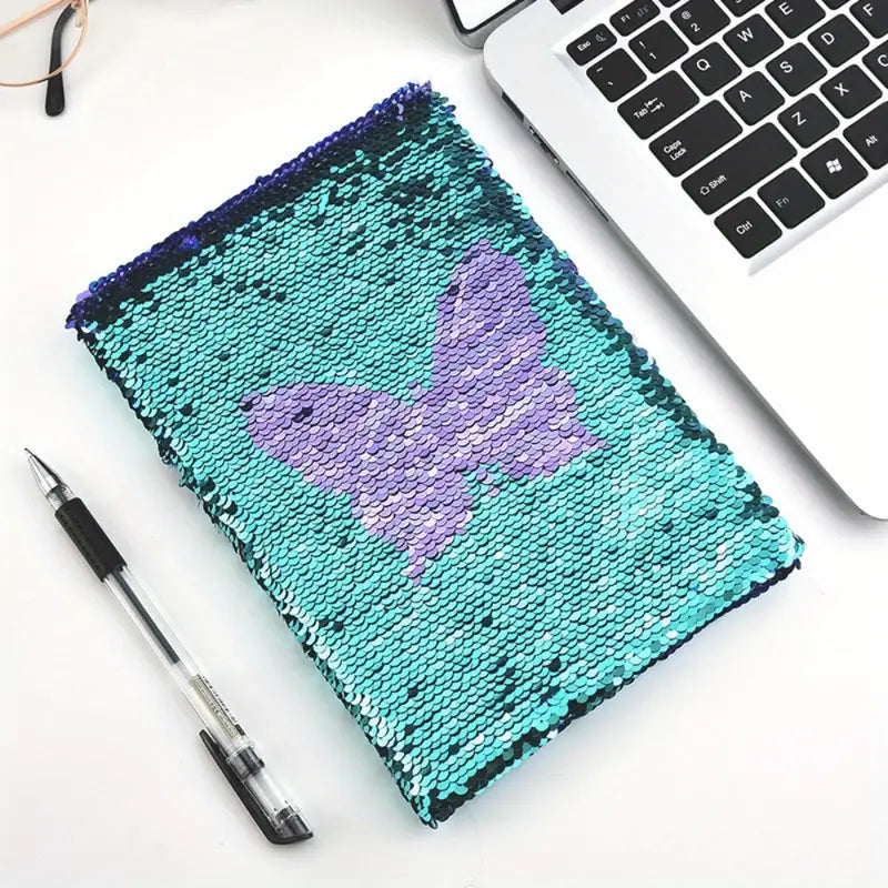 Sparkle & Flip™ Butterfly Sequin Notebook Set – 5pcs Blue Theme Diary with Lock, Pencil Case, Keychain, Beaded Bracelet & Jumbo Pen | Fidget-Friendly & Focus Boosting