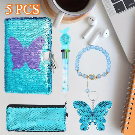 Sparkle & Flip™ Butterfly Sequin Notebook Set – 5pcs Blue Theme Diary with Lock, Pencil Case, Keychain, Beaded Bracelet & Jumbo Pen | Fidget-Friendly & Focus Boosting