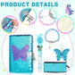 Sparkle & Flip™ Butterfly Sequin Notebook Set – 5pcs Blue Theme Diary with Lock, Pencil Case, Keychain, Beaded Bracelet & Jumbo Pen | Fidget-Friendly & Focus Boosting