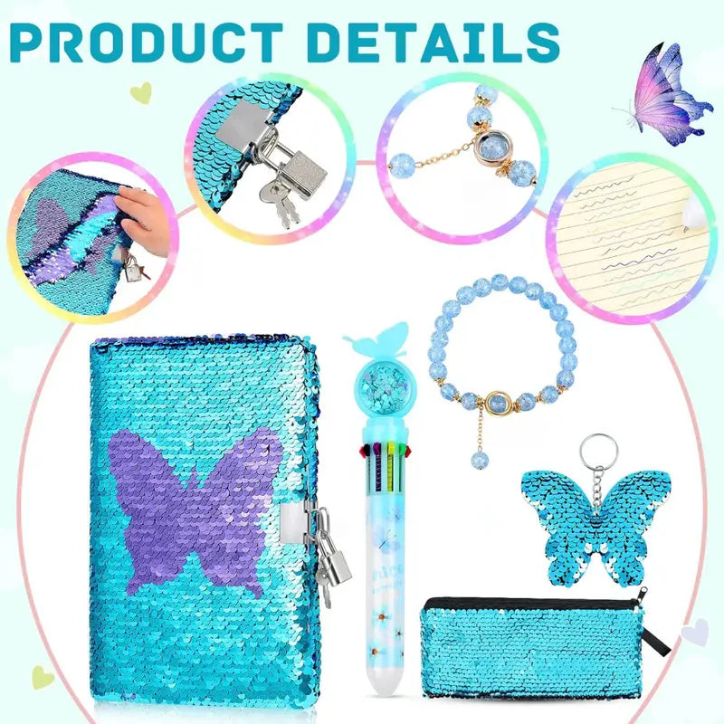 Sparkle & Flip™ Butterfly Sequin Notebook Set – 5pcs Blue Theme Diary with Lock, Pencil Case, Keychain, Beaded Bracelet & Jumbo Pen | Fidget-Friendly & Focus Boosting