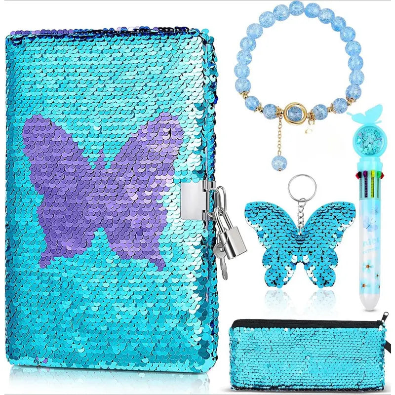 Sparkle & Flip™ Butterfly Sequin Notebook Set – 5pcs Blue Theme Diary with Lock, Pencil Case, Keychain, Beaded Bracelet & Jumbo Pen | Fidget-Friendly & Focus Boosting